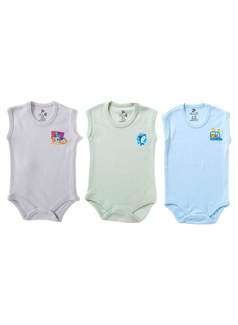 Pluto Pack of 3 Cotton Sleeveless Bodysuit for Baby - Image 2
