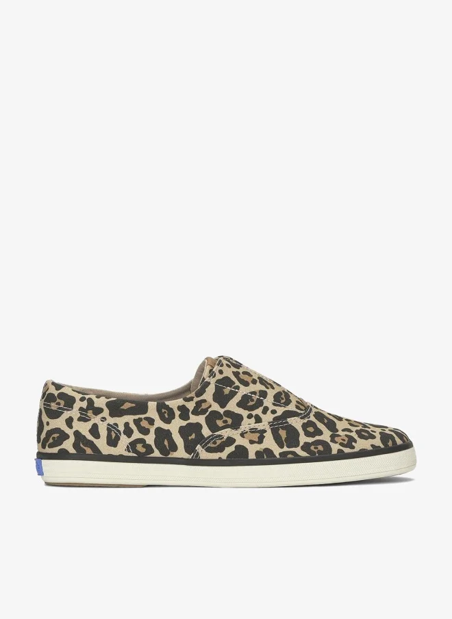 كيدز Keds Women's Champion Canvas Slip-On Sneaker – All-Over Print, Vulcanized Casual Shoe Tan