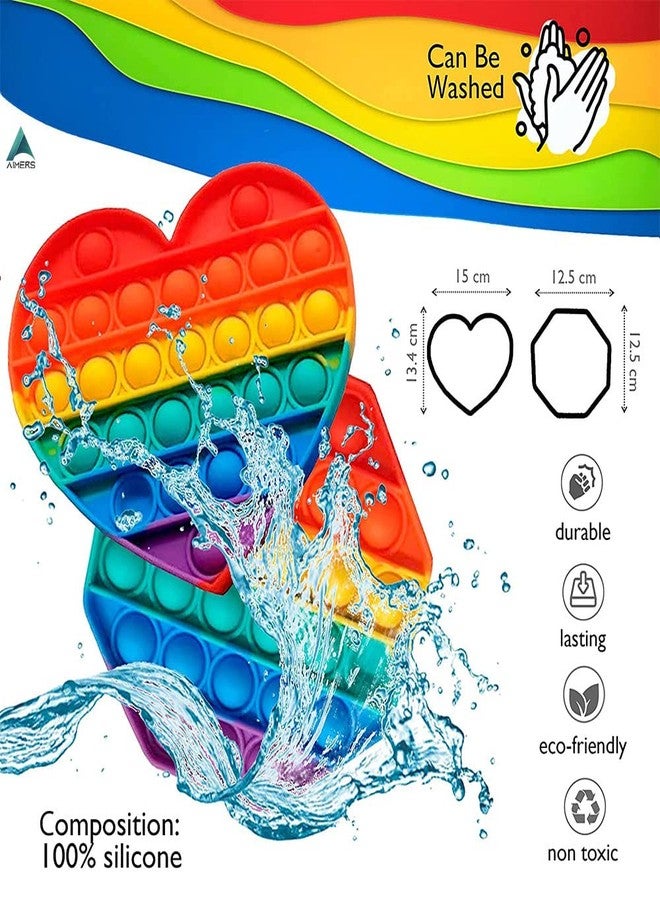 AIMERS 2 Pack Rainbow Pop Fidget Toys, Round and Square, Colorful Push Pop Bubble Squeeze Toy, Silicone Sensory Gadget for Stress, Popper Gift for Kids, Children, Teens, Adults (Octagon + Heart) - Image 3