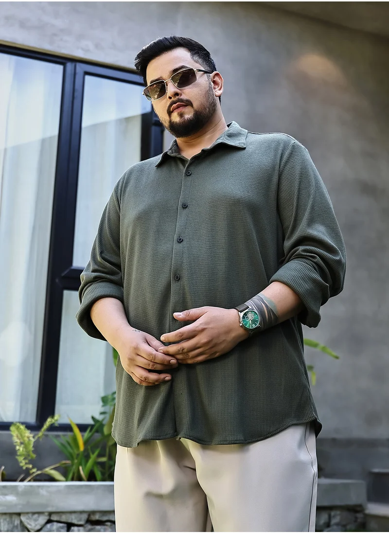 انستافاب بلس Instafab Plus Men's Seaweed Green Waffle-Knit Shirt For Casual Wear | Spread Collar | Long Cuffed Sleeves | Button Closure | Plus Size Shirt Crafted With Comfort Fit For Everyday Wear