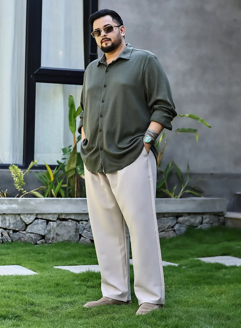 Instafab Plus Instafab Plus Men's Seaweed Green Waffle-Knit Shirt For Casual Wear | Spread Collar | Long Cuffed Sleeves | Button Closure | Plus Size Shirt Crafted With Comfort Fit For Everyday Wear