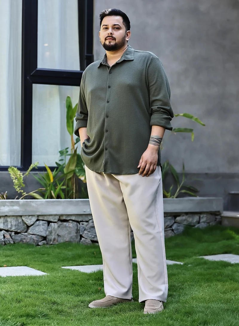 Instafab Plus Instafab Plus Men's Seaweed Green Waffle-Knit Shirt For Casual Wear | Spread Collar | Long Cuffed Sleeves | Button Closure | Plus Size Shirt Crafted With Comfort Fit For Everyday Wear