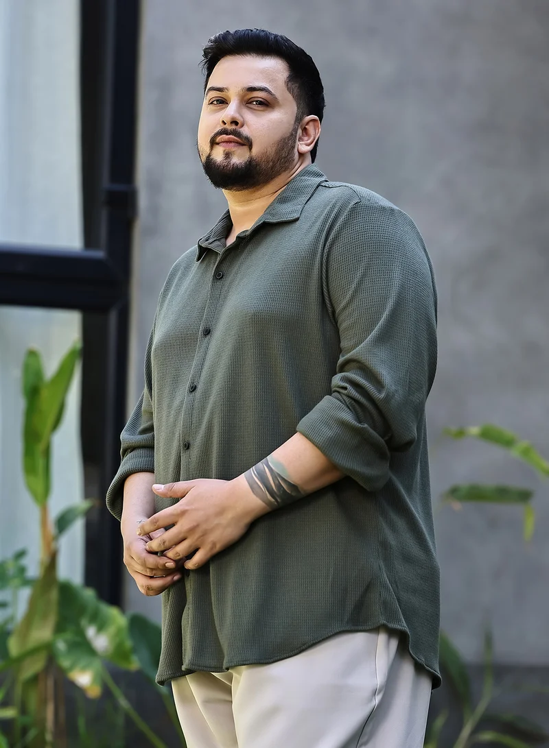 Instafab Plus Instafab Plus Men's Seaweed Green Waffle-Knit Shirt For Casual Wear | Spread Collar | Long Cuffed Sleeves | Button Closure | Plus Size Shirt Crafted With Comfort Fit For Everyday Wear