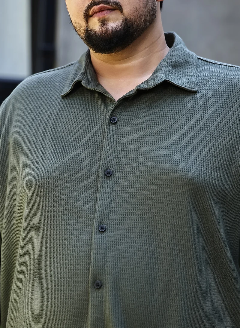 Instafab Plus Instafab Plus Men's Seaweed Green Waffle-Knit Shirt For Casual Wear | Spread Collar | Long Cuffed Sleeves | Button Closure | Plus Size Shirt Crafted With Comfort Fit For Everyday Wear