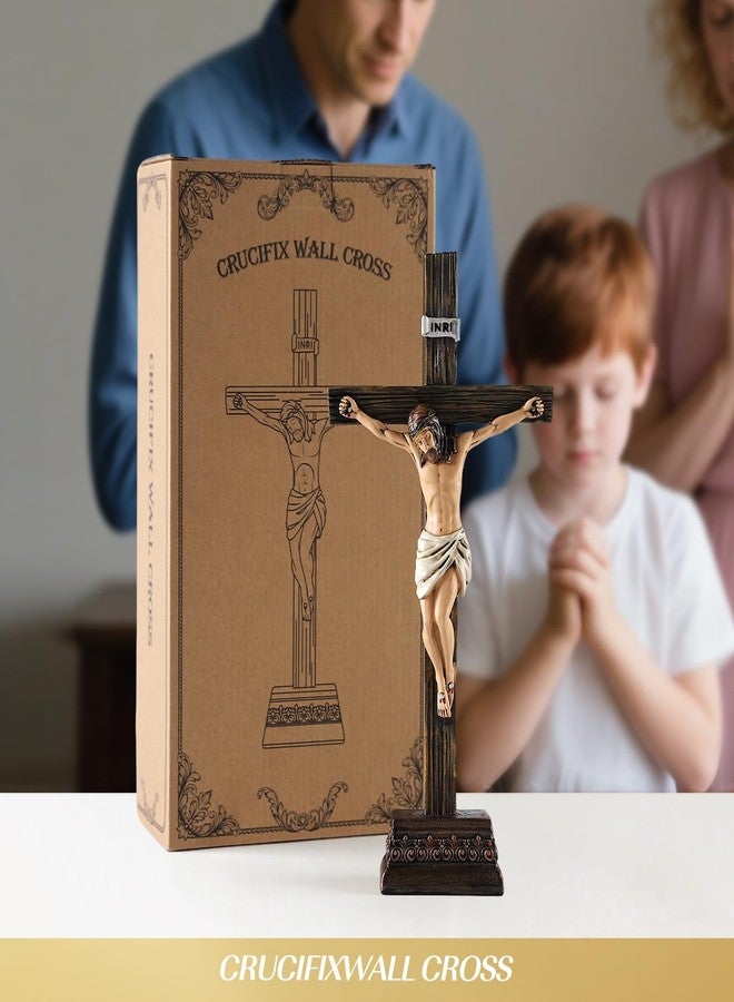 Magicsculp 10.8" H Jesus Crucifix Statue - Resin Standing Wall Cross Decoration, Praying Religious Figurine Jesus Christ Catholic Display, Hanging or Tabletop with Stand for Home Decor - Image 2