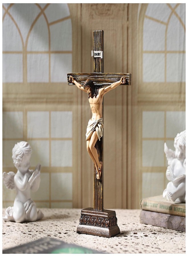 Magicsculp 10.8" H Jesus Crucifix Statue - Resin Standing Wall Cross Decoration, Praying Religious Figurine Jesus Christ Catholic Display, Hanging or Tabletop with Stand for Home Decor - Image 1