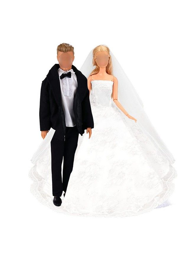 Barwa Wedding Set White Wedding Dress With Veil And Formal Suit Outfit For Boy & Girl Dolls  - Image 1
