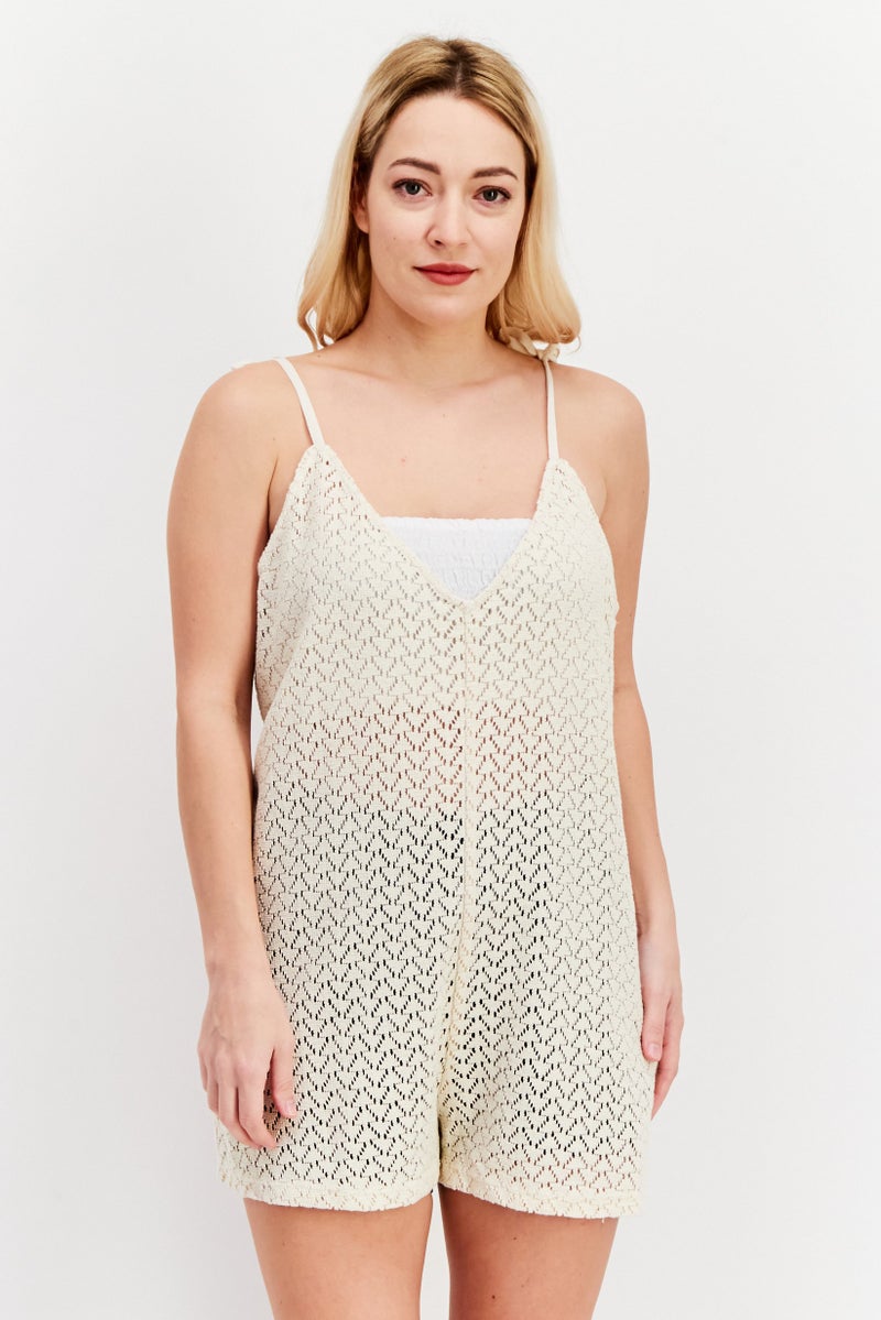 Roxy بدلة بلا أكمام للنساء بتفاصيل عيون، بيج - Image 1