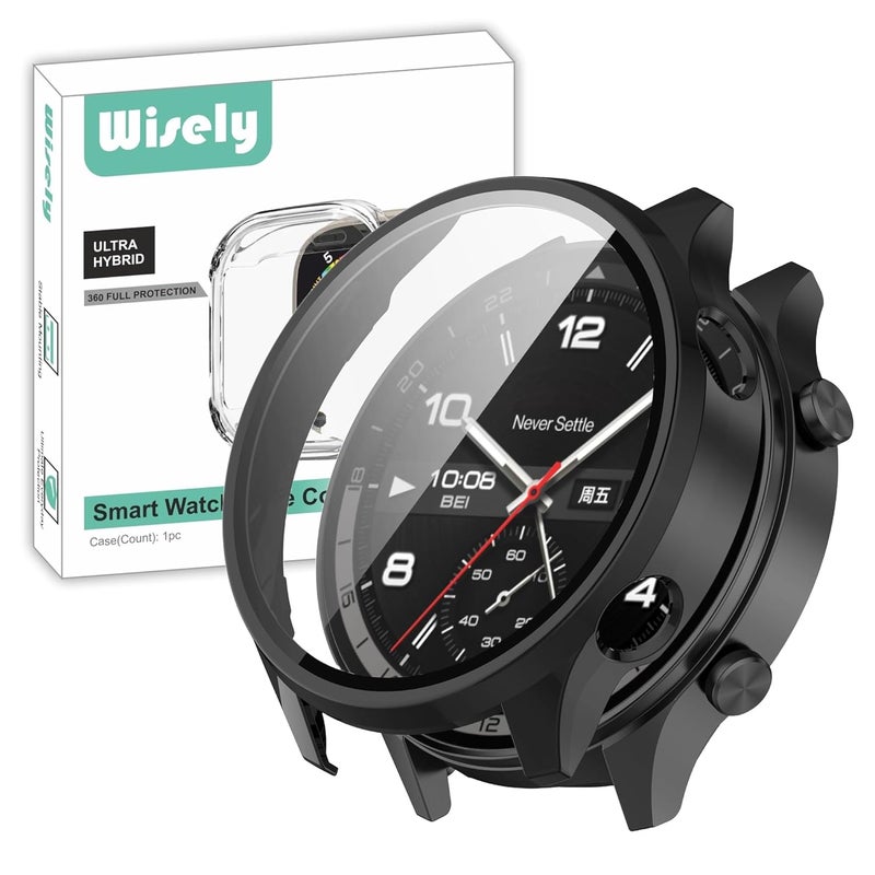 Wisely Electroplate Shine Full Protective Slim Bumper Tempered Glass Case Cover Compatible with OnePlus Watch 2R, Luxury Black - Image 1