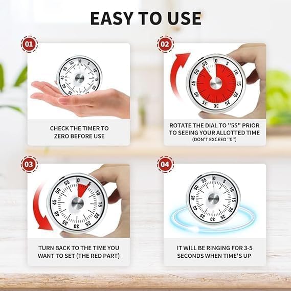 JAMBUVANTI Kitchen Timer 60min Countdown Mechanical Timer No Battery Needed Stainless Steel Countdown Timer for School Classroom Teaching Cooking Office StopWatch Type Analog Magnetic Base Cooking Timer - Image 3