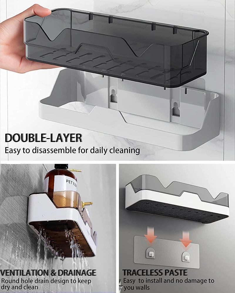 Wall Mounted Bathroom Storage Shelf, 29.5 cm, Double Layer Design, Self-Adhesive Installation, Grey and White  - Image 3