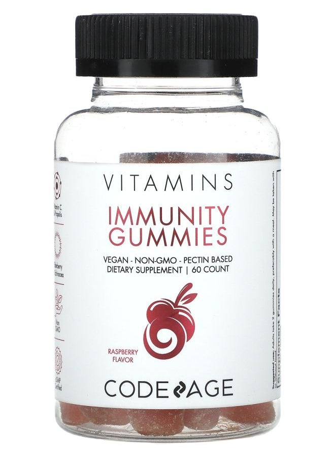 Codeage Vitamins Immunity Gummies Vegan Non-GMO Pectin Based Raspberry 60 Gummies 