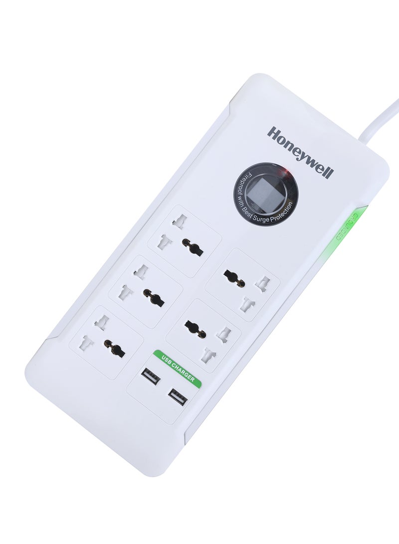 هوني ويل واقي من زيادة التيار/واقي سبايك/ وصلة طاقة، 5 مقابس عالمية، 2 منافذ USB، 36000 أمبير، 1.5 متر، ضمان تأمين الجهاز، تقنية MOV المقاومة للحريق X3، ضمان 3 سنوات - Image 1