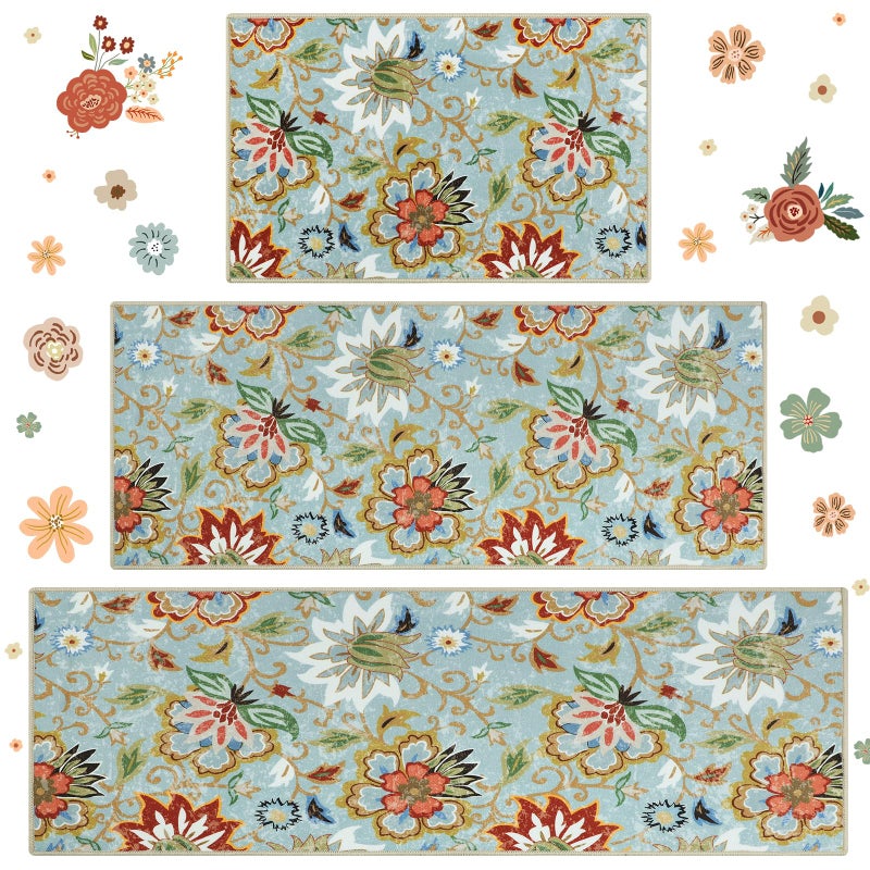 Homcomoda Boho Floral Kitchen Rugs Sets 3 Piece with Runner Kitchen Mats for Floor Non Slip Kitchen Rugs and Mats Washable Kitchen Runner Rug Sets for Hallway Laundry Kitchen - Image 1