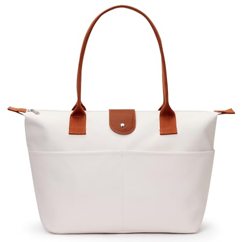 DIXEIGHT Nylon Tote Bag Women Zipper Shoulder Purse Large Hobo Top Handle Foldable Handbags for Work Travel Shopping, Beige - Image 1