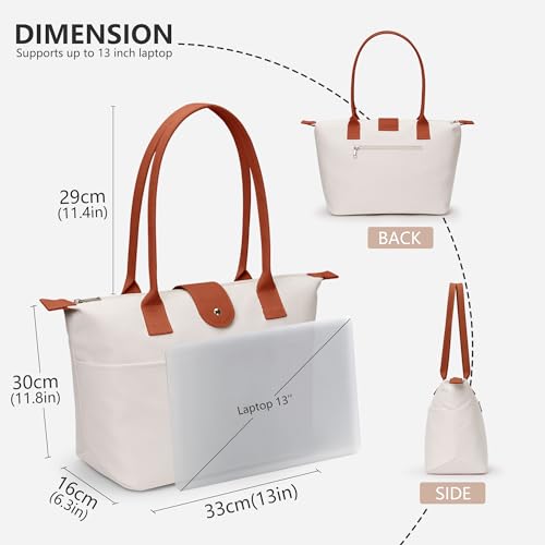 DIXEIGHT Nylon Tote Bag Women Zipper Shoulder Purse Large Hobo Top Handle Foldable Handbags for Work Travel Shopping, Beige - Image 5