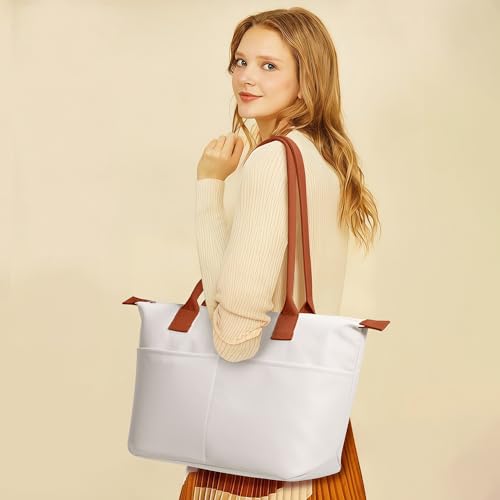 DIXEIGHT Nylon Tote Bag Women Zipper Shoulder Purse Large Hobo Top Handle Foldable Handbags for Work Travel Shopping, Beige - Image 4