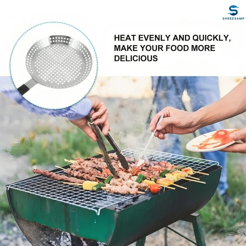 SHREESAMP SHREESAMP Non-Stick BBQ Grill Pan with Foldable Handle - Round Barbecue Frying Pan with Holes for Even Cooking, Perfect for Grilling Vegetables, Meat & Seafood, Serving Plate for Kitchen and Picnic  - Image 5