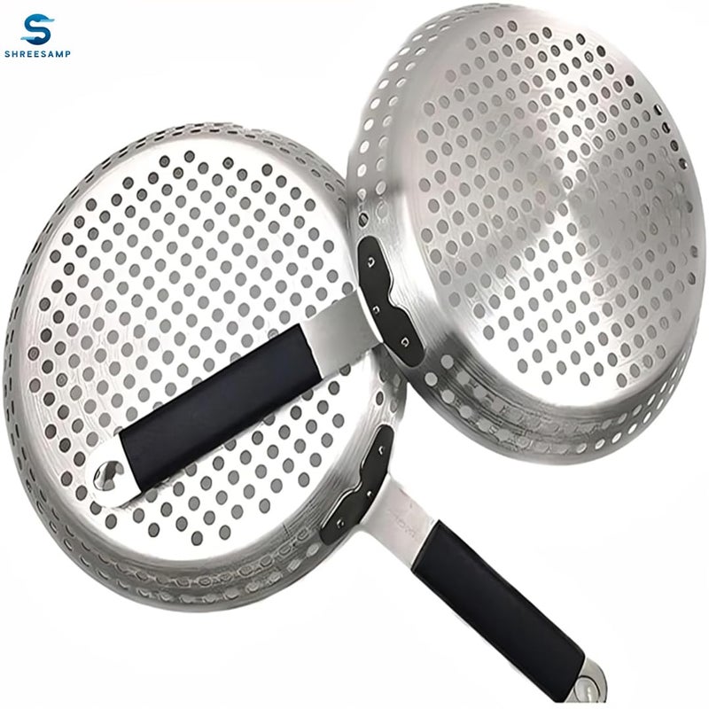 SHREESAMP SHREESAMP Non-Stick BBQ Grill Pan with Foldable Handle - Round Barbecue Frying Pan with Holes for Even Cooking, Perfect for Grilling Vegetables, Meat & Seafood, Serving Plate for Kitchen and Picnic  - Image 3