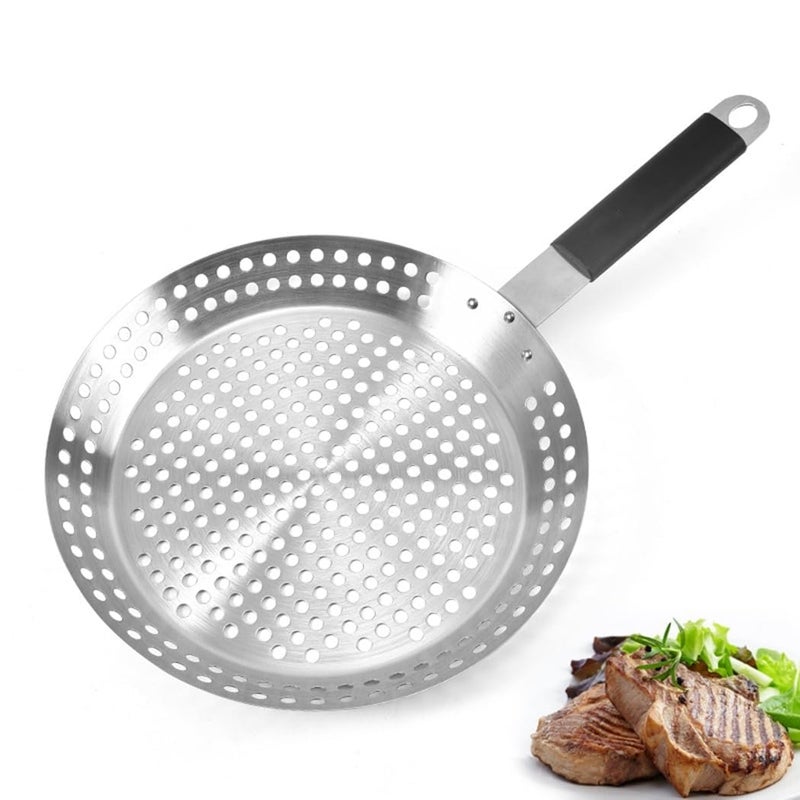 SHREESAMP SHREESAMP Non-Stick BBQ Grill Pan with Foldable Handle - Round Barbecue Frying Pan with Holes for Even Cooking, Perfect for Grilling Vegetables, Meat & Seafood, Serving Plate for Kitchen and Picnic  - Image 1