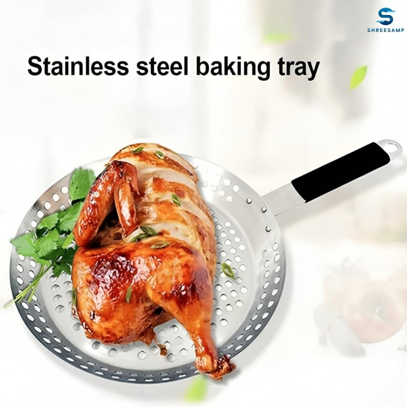 SHREESAMP SHREESAMP Non-Stick BBQ Grill Pan with Foldable Handle - Round Barbecue Frying Pan with Holes for Even Cooking, Perfect for Grilling Vegetables, Meat & Seafood, Serving Plate for Kitchen and Picnic  - Image 4