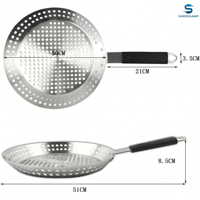 SHREESAMP SHREESAMP Non-Stick BBQ Grill Pan with Foldable Handle - Round Barbecue Frying Pan with Holes for Even Cooking, Perfect for Grilling Vegetables, Meat & Seafood, Serving Plate for Kitchen and Picnic  - Image 2