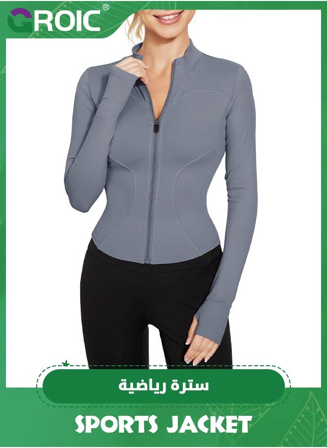 GROIC - Women's Workout Jackets Lightweight Running Jacket Full Zip Track Tops Sportswear with Thumb Holes,Long Sleeve Workout Yoga Jacket Zip Up Yoga Jacket Cropped Athletic Slim Fit Tops - Image 1