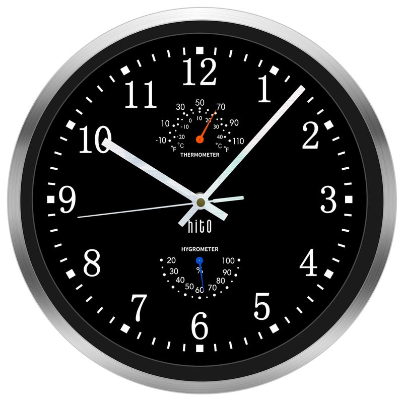 HITO 12 Inch Silent Wall Clock Battery Operated Non Ticking Glass Cover Silver Aluminum Frame for Kitchen Bedroom Home Office Living Room Decor 12 Black