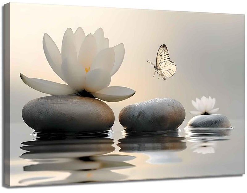 styfasin Zen White Lotus Canvas Wall Art White Flower Yellow Butterfly on Lake Wall Decor Pictures Meditation Posters Prints for Bathroom Living Room Modern Spiritual Yoga Spa Bedroom Decoration - Image 1