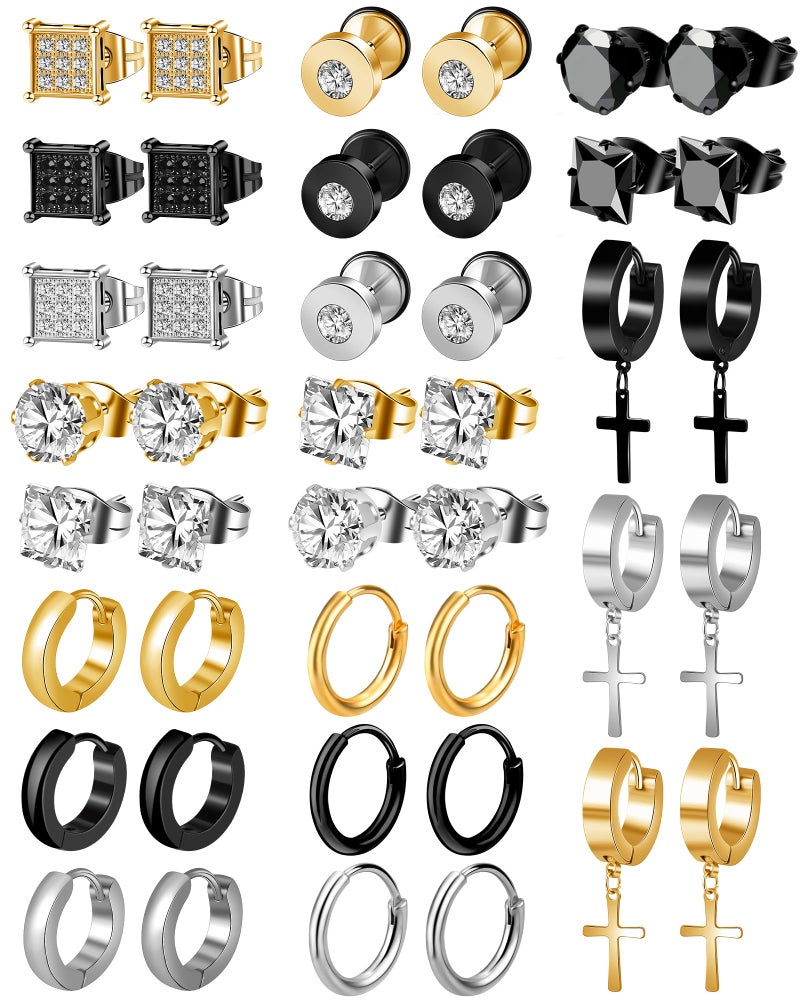 ONESING 21 Pairs Stainless Steel Earrings for Men Inlaid Cross Dangle Hinged Earrings Hoop CZ Stud Hypoallergenic Earrings Huggie Earrings Set for Women Men Ear Piercing Jewelry Black Steel Gold - Image 1