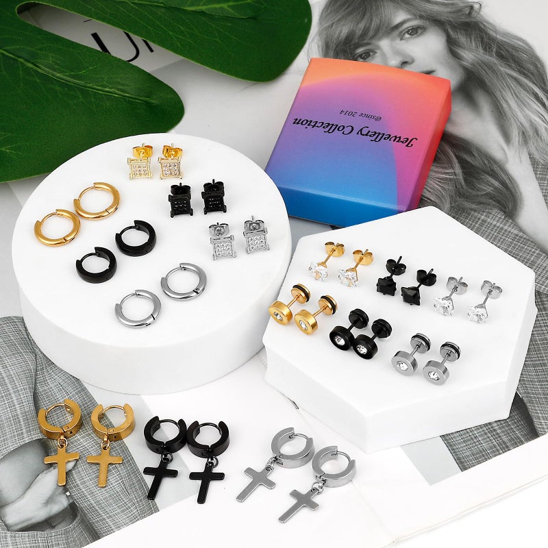 ONESING 21 Pairs Stainless Steel Earrings for Men Inlaid Cross Dangle Hinged Earrings Hoop CZ Stud Hypoallergenic Earrings Huggie Earrings Set for Women Men Ear Piercing Jewelry Black Steel Gold - Image 4