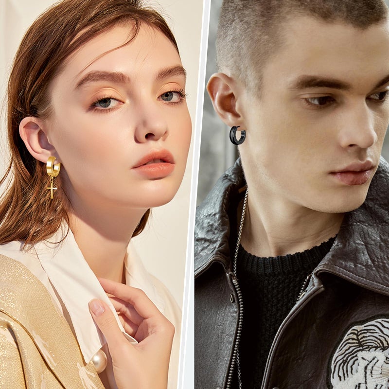 ONESING 21 Pairs Stainless Steel Earrings for Men Inlaid Cross Dangle Hinged Earrings Hoop CZ Stud Hypoallergenic Earrings Huggie Earrings Set for Women Men Ear Piercing Jewelry Black Steel Gold - Image 5