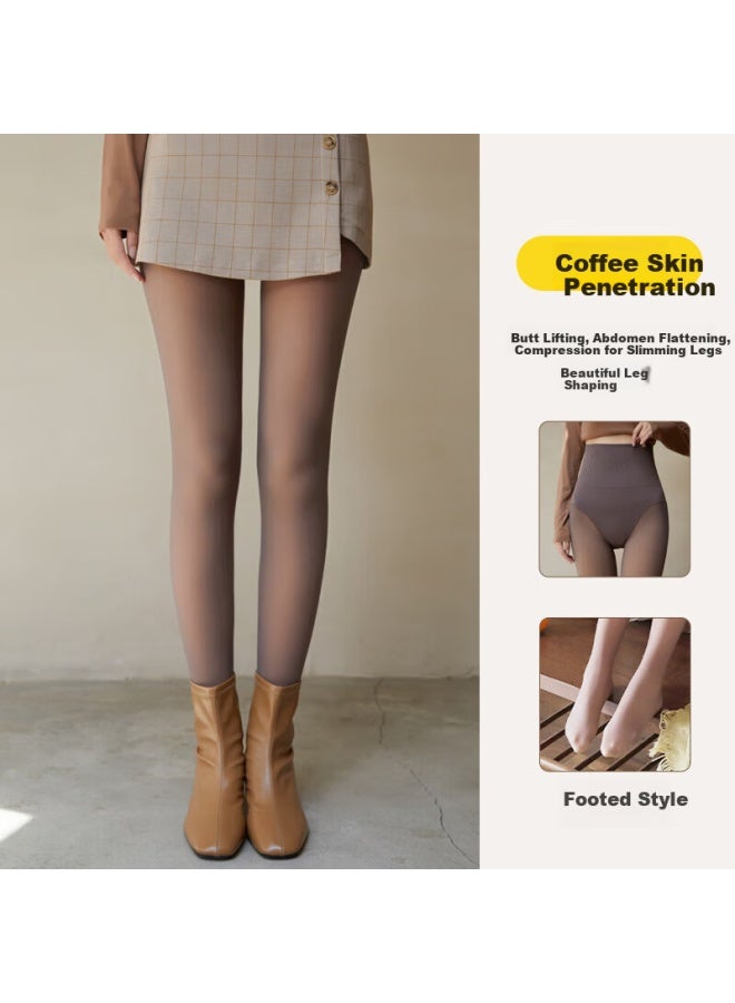Kj Women's High-waist Autumn Winter Thickened Fleece-lined Faux Sheer Nude Effect Warm Leggings Tights - Image 4