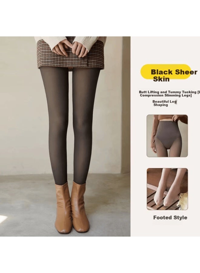 Kj Women's High-waist Autumn Winter Thickened Fleece-lined Faux Sheer Nude Effect Warm Leggings Tights - Image 1