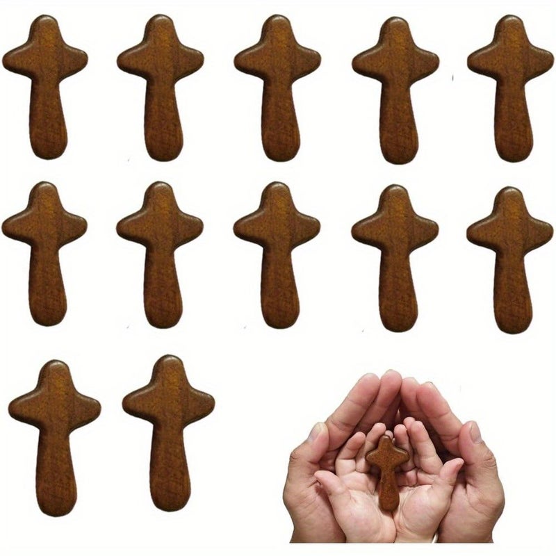 صليب الجيب الخشبي البني (12 قطعة) محمول للصلاة والديكور المقدس - Image 1