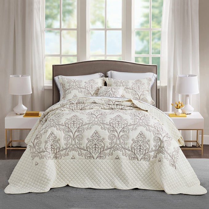 OVERSIZED BEDSPREAD COVERLET SET KING SIZE LIGHTWEIGHT BEDDING COVER BEAUTIFUL STITCHING 5 PIECE REVERSIBLE BEDSPREAD LUXURY DAMASK PAISLEY PATTERN KING IVORY