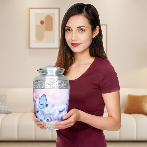 M MEILINXU Urns for Human Ashes Adult Female & Male, Cremation Urn for Ashes for Women & Man, Funeral Decorative, Urn with Butterflies, Burial, Blue Butterfly and Flower - Large - Image 5