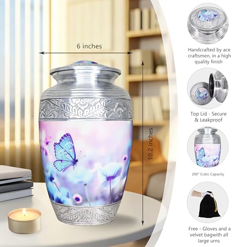 M MEILINXU Urns for Human Ashes Adult Female & Male, Cremation Urn for Ashes for Women & Man, Funeral Decorative, Urn with Butterflies, Burial, Blue Butterfly and Flower - Large - Image 3