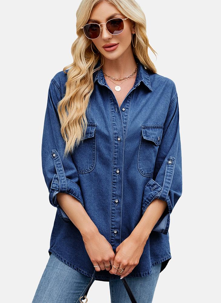 يونيكي قميص أزرق سادة بقصة عادية - Image 3