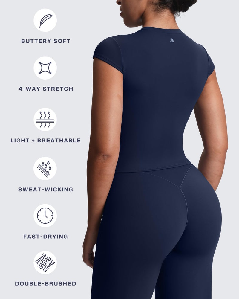 Aoxjox Women's Cap Sleeve T-Shirts Crew Neck Velura Ruched Tee Without Padded Workout PlushFlexâ„¢ Gym Yoga Crop Top (Midnight Navy, Small) - Image 4