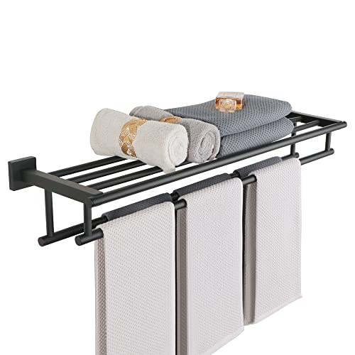 Alise حامل المناشف أليز للحمام حامل المناشف الكبير رف المناشف مع قضبان المناشف المزدوجة للحمام مغسلة SUS 304 من الفولاذ المقاوم للصدأ حامل المناشف المثبت على الحائط أسود غير لامع 32 بوصة