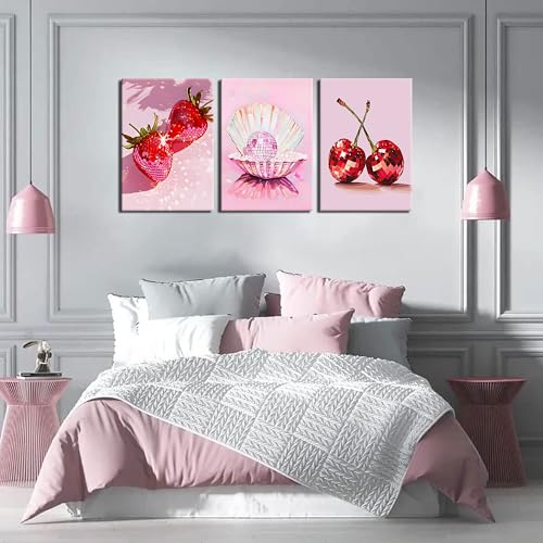 Tmvosn Hot Pink Disco Canvas Wall Art Set of 3, Trendy Strawberries Cherries Fruit Wall Decor Paintings, Funky Preppy Cute Seashell Posters Prints Pictures for Girl Dorm Bedroom 12x16 Inch Framed - Image 2