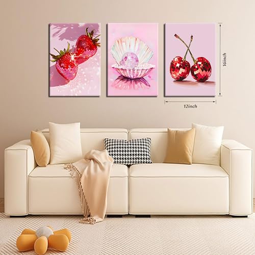 Tmvosn Hot Pink Disco Canvas Wall Art Set of 3, Trendy Strawberries Cherries Fruit Wall Decor Paintings, Funky Preppy Cute Seashell Posters Prints Pictures for Girl Dorm Bedroom 12x16 Inch Framed - Image 3