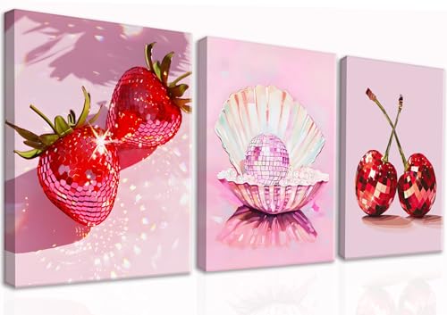 Tmvosn Hot Pink Disco Canvas Wall Art Set of 3, Trendy Strawberries Cherries Fruit Wall Decor Paintings, Funky Preppy Cute Seashell Posters Prints Pictures for Girl Dorm Bedroom 12x16 Inch Framed - Image 1