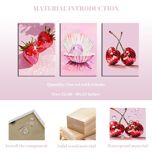 Tmvosn Hot Pink Disco Canvas Wall Art Set of 3, Trendy Strawberries Cherries Fruit Wall Decor Paintings, Funky Preppy Cute Seashell Posters Prints Pictures for Girl Dorm Bedroom 12x16 Inch Framed - Image 4