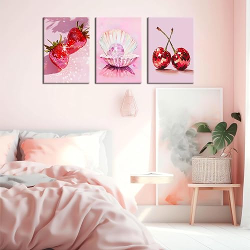 Tmvosn Hot Pink Disco Canvas Wall Art Set of 3, Trendy Strawberries Cherries Fruit Wall Decor Paintings, Funky Preppy Cute Seashell Posters Prints Pictures for Girl Dorm Bedroom 12x16 Inch Framed - Image 5