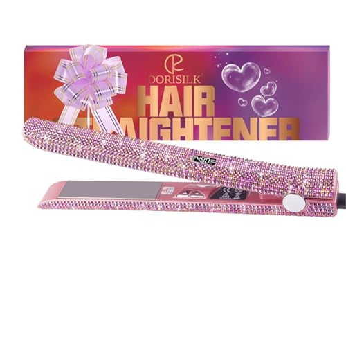DORISILK 480°F High Temp Hair Straightener and Curler, Titanium Flat Iron Rhinestone Straightening Iron, 2 in 1 Straightening Curling 1“ Salon Professional Dual Voltage Crystal Bling Rose Pink - Image 1