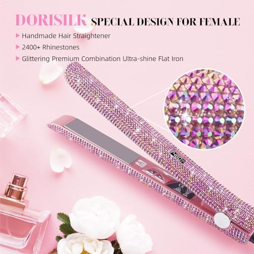 DORISILK 480°F High Temp Hair Straightener and Curler, Titanium Flat Iron Rhinestone Straightening Iron, 2 in 1 Straightening Curling 1“ Salon Professional Dual Voltage Crystal Bling Rose Pink - Image 3