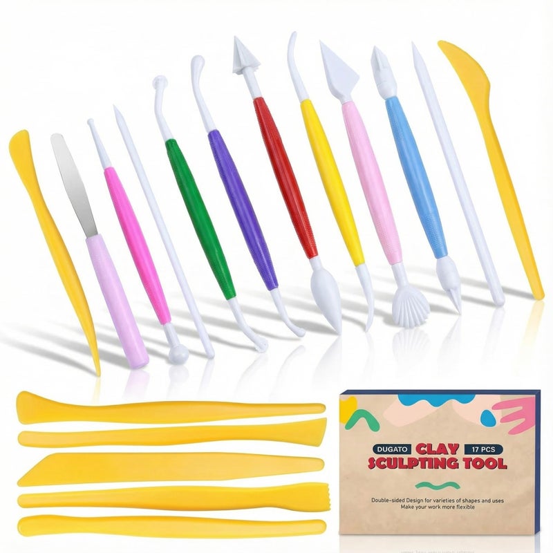 DUGATO Clay Sculpting Tools (17pc Set) - Double-Sided Plastic Modeling Kit for Polymer Clay, Pottery, Fondant & Cake Decorating - Art & Craft Supplies for Beginners & Artists - Image 1
