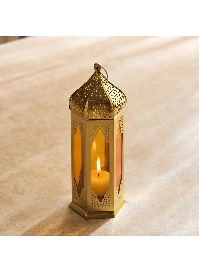 Home Box Skyline Mirage Metal Cutwork Lantern With Glass - 8X8X23 Cm